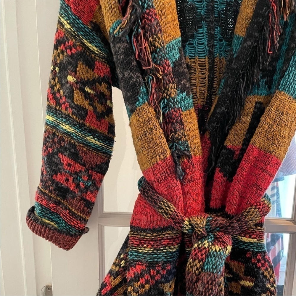 Free People Southwestern Cardigan Duster Jacket Fringe Aztec Size Medium large - Picture 9 of 15